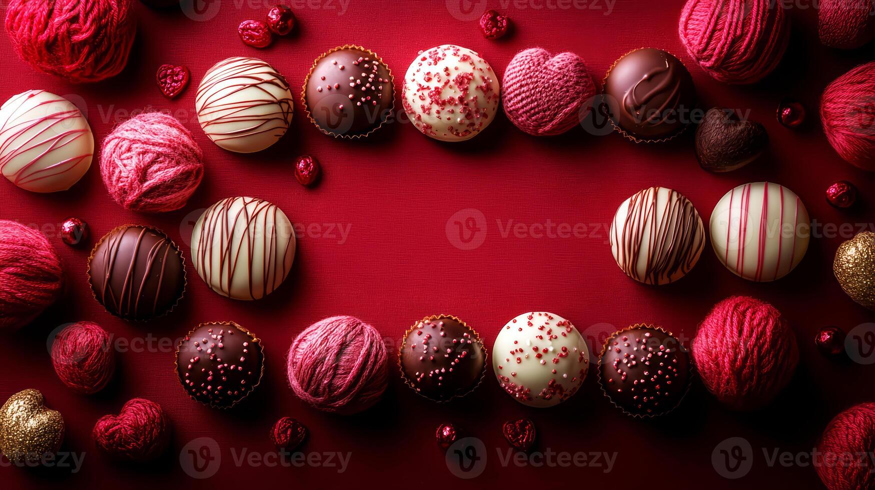 Chocolate candies on red background photo