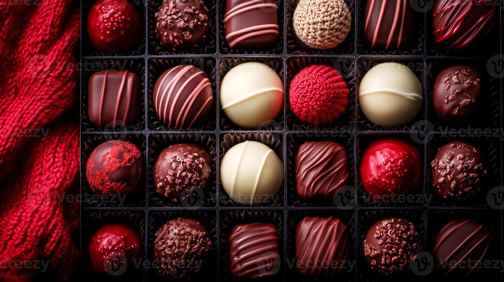 Box of assorted chocolates with red knitted scarf photo