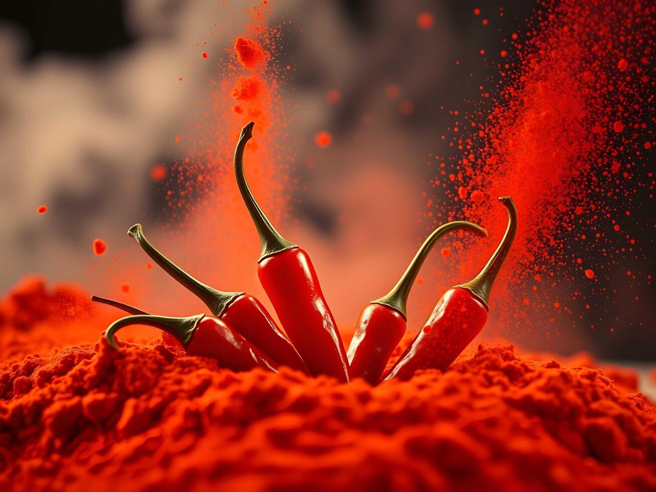 Bright red chili peppers surrounded by fiery spice clouds, evoking boldness photo
