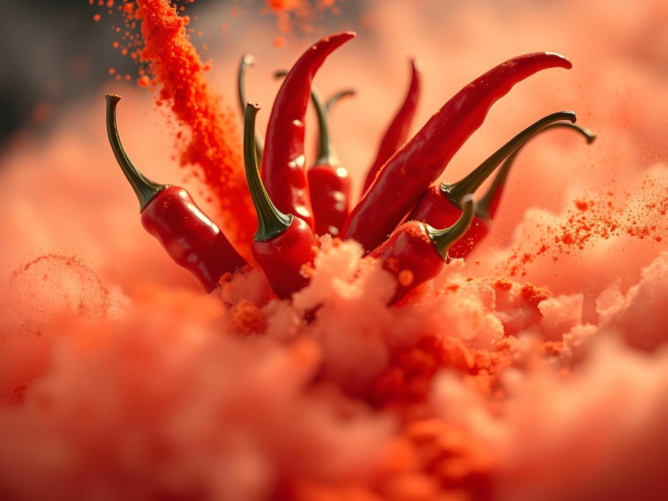 Bright red chili peppers surrounded by fiery spice clouds, evoking boldness and intense flavor photo