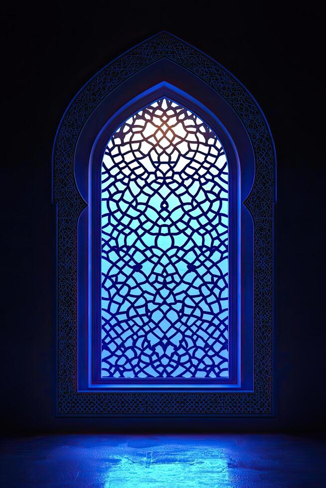 3D Rendered Islamic Mosque Interior with Moonlight Glow, Ramadan Kareem background, Islamic Mosque Illuminated by Soft Moonlight, Elegant Ramadan Kareem 3D Illustration photo