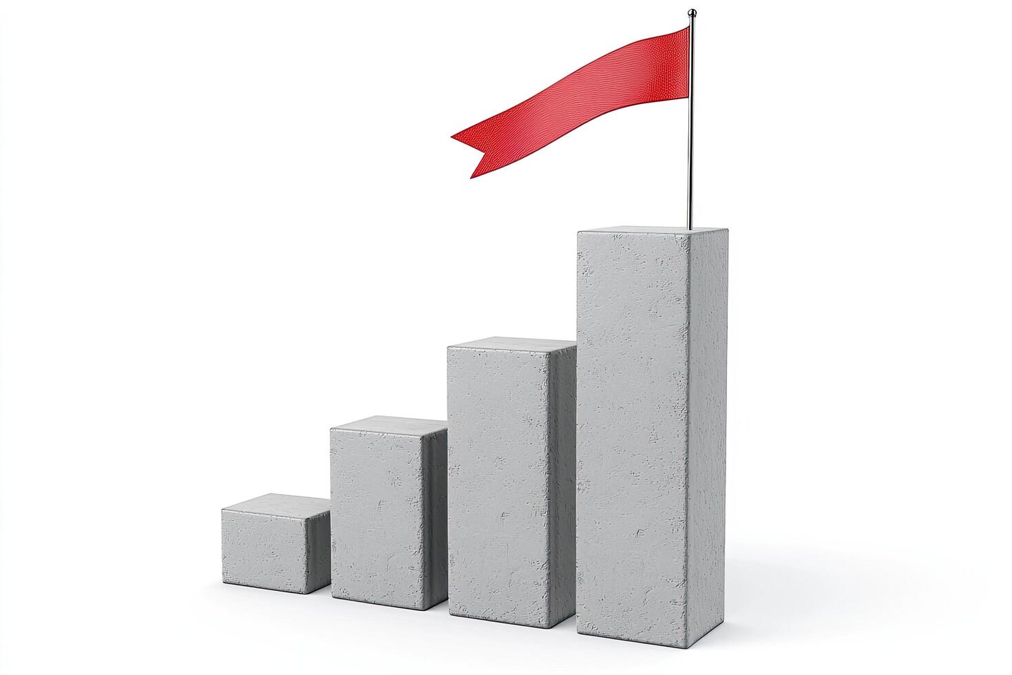 Concrete Growth Steps with Red Flag on Top - Concrete stair steps arranged progressively higher, ending with a red flag on the highest step. Isolated on a white background, concept of success. photo