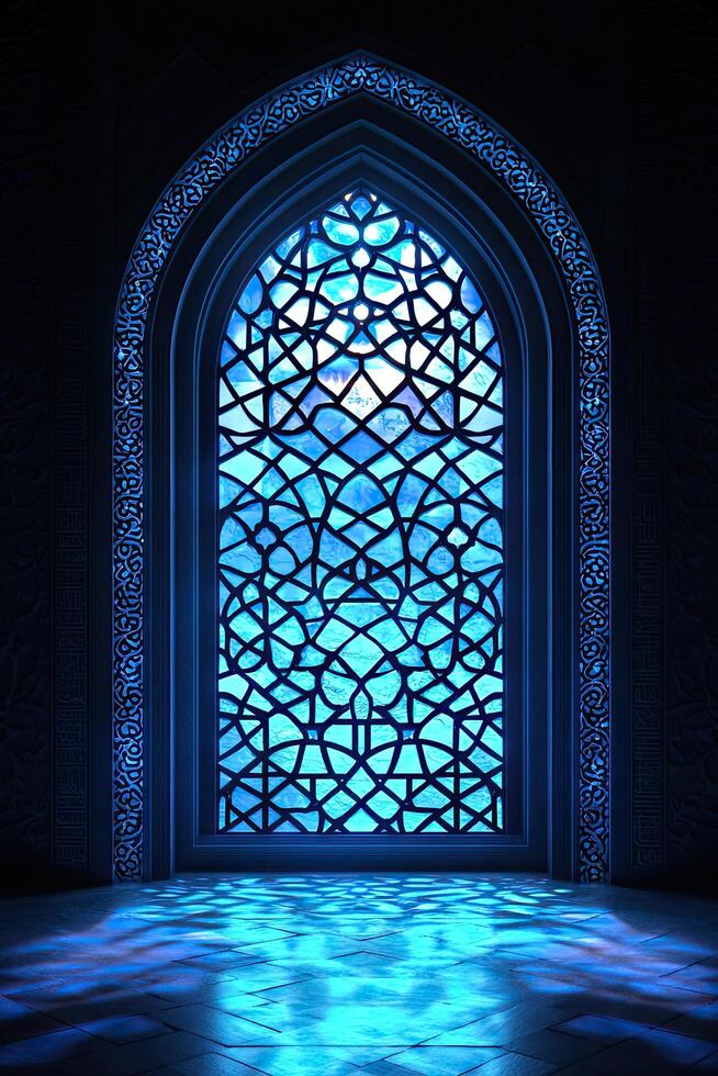 3D Rendered Islamic Mosque Interior with Moonlight Glow, Ramadan Kareem background, Islamic Mosque Illuminated by Soft Moonlight, Elegant Ramadan Kareem photo