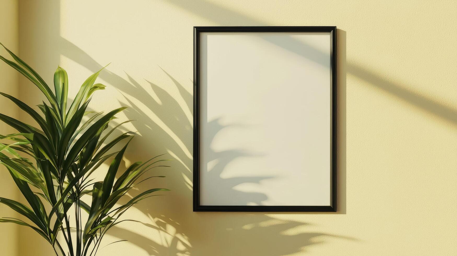 A minimalist vertical poster mockup featuring a blank frame against a muted yellow wall, bathed in warm sunlight and partially obscured by the shadows of a nearby tropical plant photo