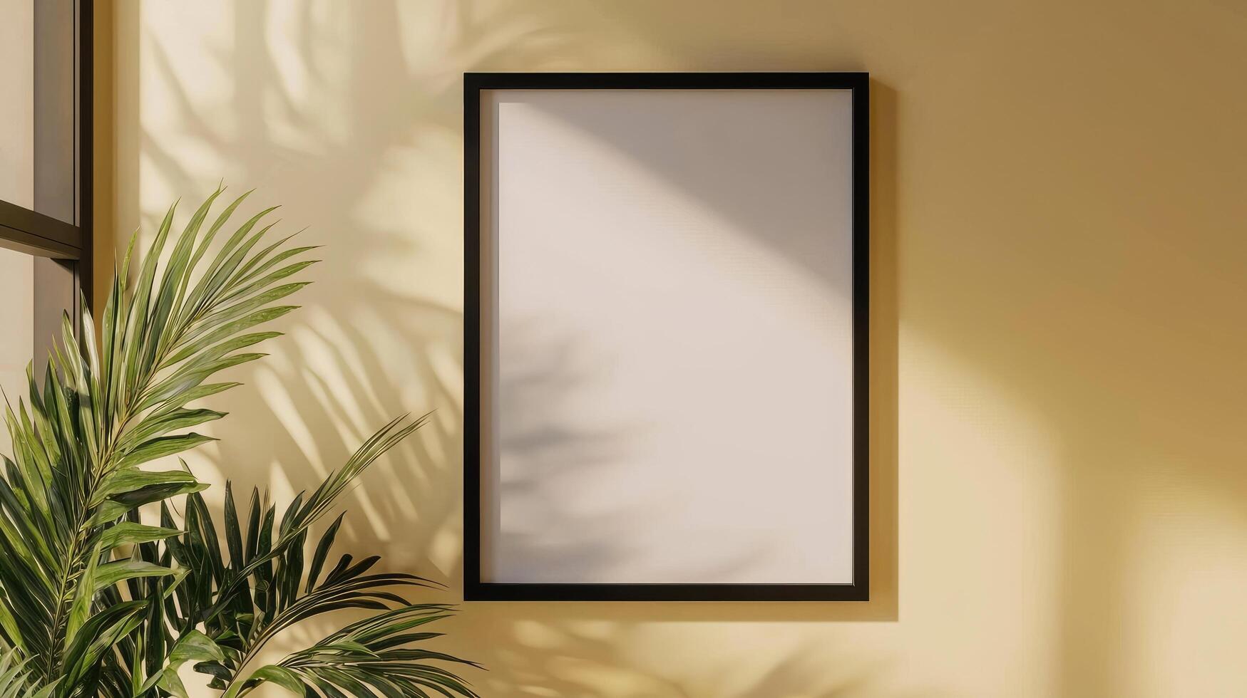 A minimalist vertical poster mockup featuring a blank frame against a muted yellow wall photo