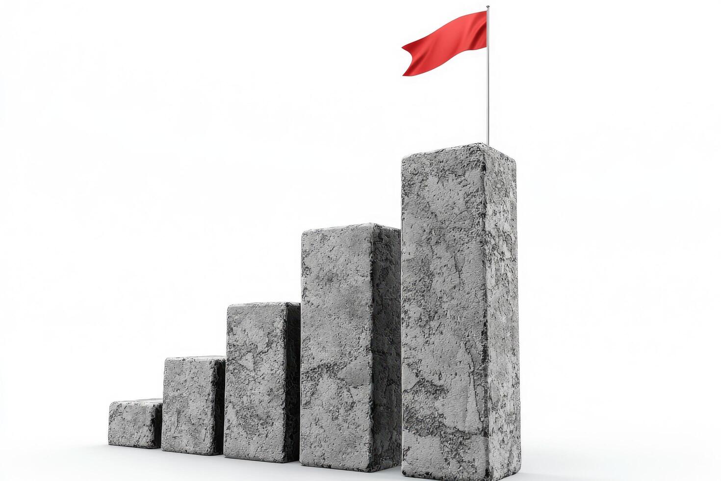 Concrete Growth Steps with Red Flag on Top - Concrete stair steps arranged progressively higher, ending with a red flag on the highest step. Isolated on a white background, concept of success photo