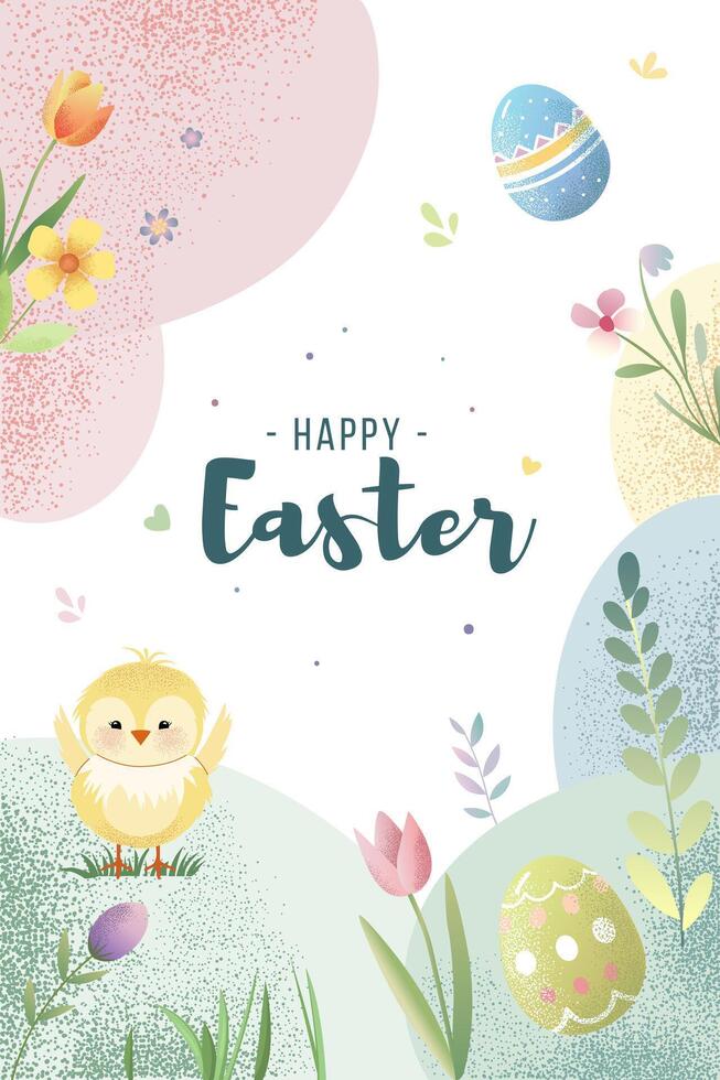 Easter design with cute chick in pastel colors and text. Happy Easter frame. Poster, greeting card, banner. vector