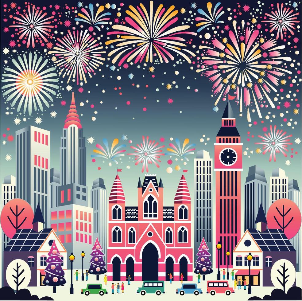 Fireworks show at night in middle of the city vector