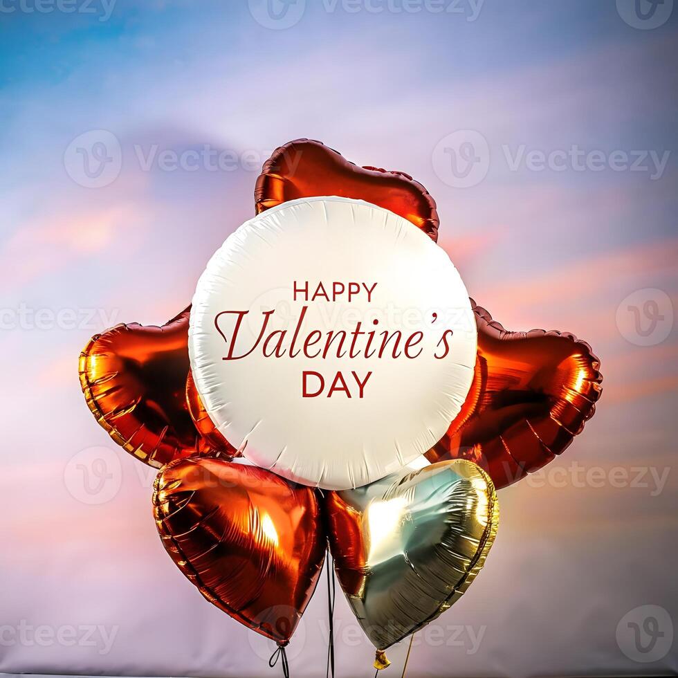 Romantic Valentine's Day themed design showcasing a vibrant cluster of metallic heart-shaped balloons in red, white, and gold. photo