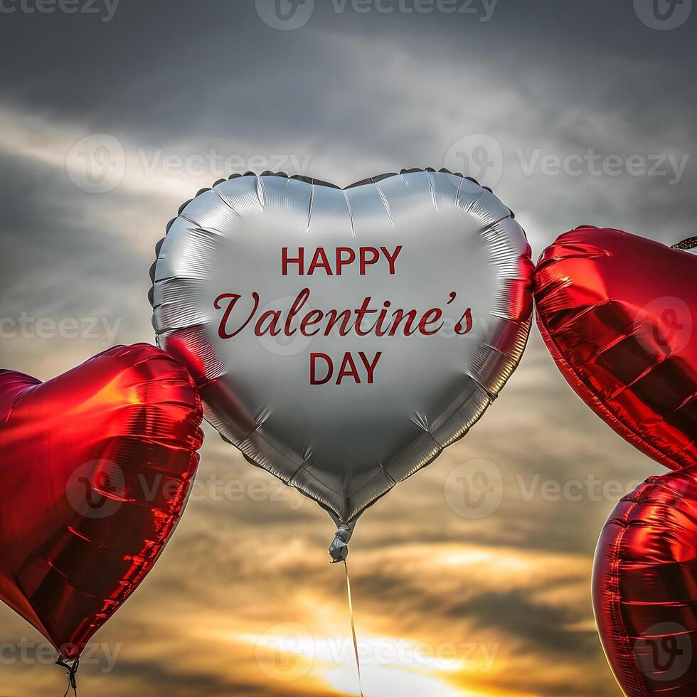 Elegant Valentine's Day heart-shaped balloons in silver and red, set against a dramatic sunset sky, creating a romantic and celebratory atmosphere perfect for seasonal designs photo