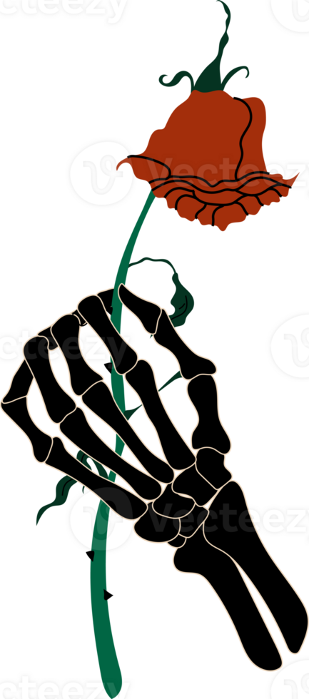 a skeleton holding a rose with a skeleton hand png