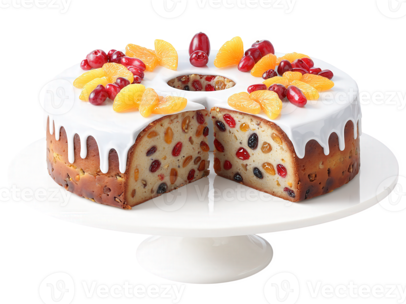 Fruitcake Densely studded fruitcake with candied fruit and nuts, sliced to show interior, transparent backdrop. png