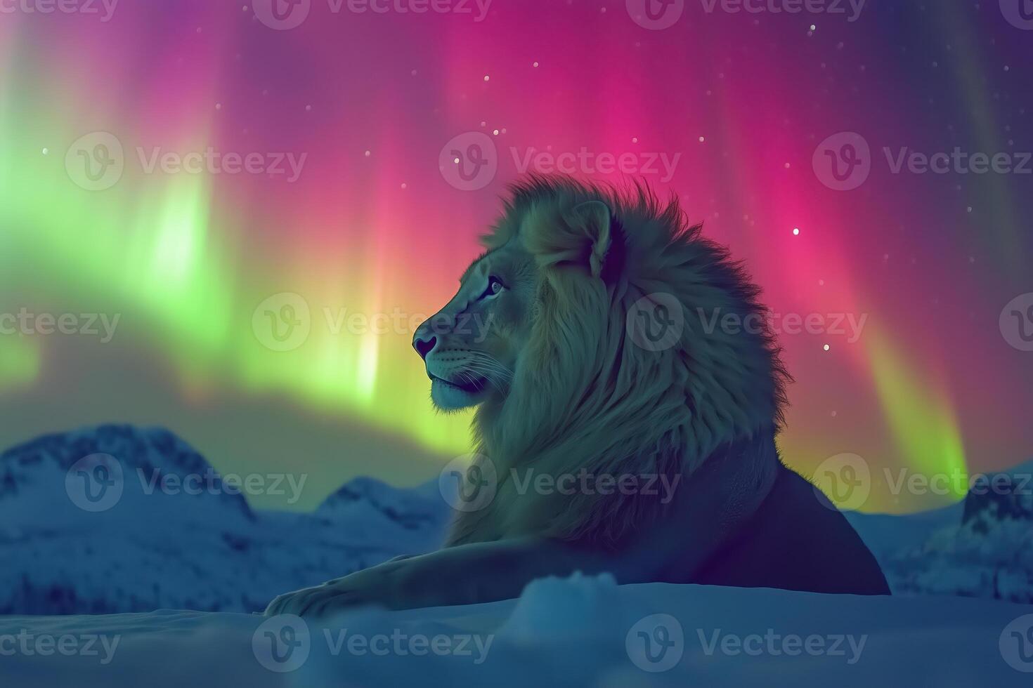 majestic lion resting under colorful northern lights photo