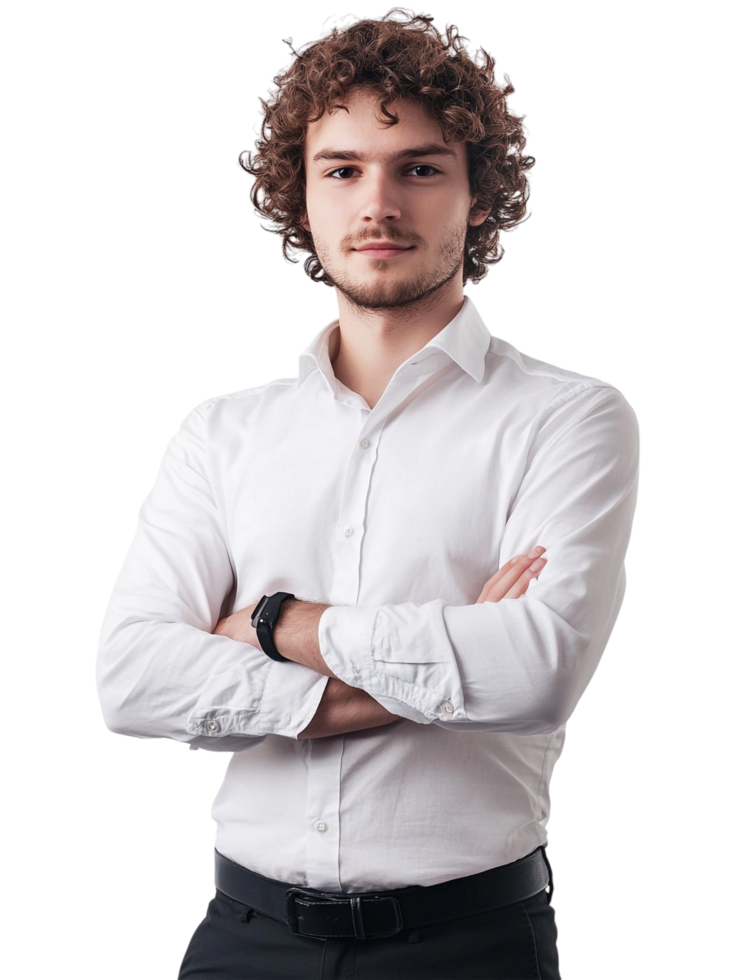a young man with curly hair standing with his arms crossed png
