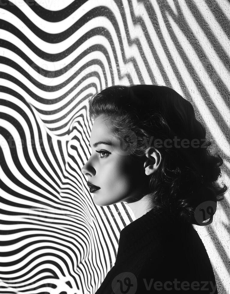 woman in black and white with abstract striped background 1 photo