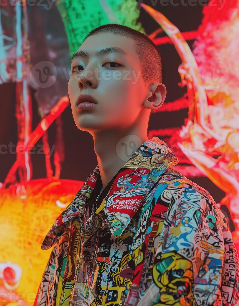 modern fashion portrait with colorful graffiti-style jacket photo