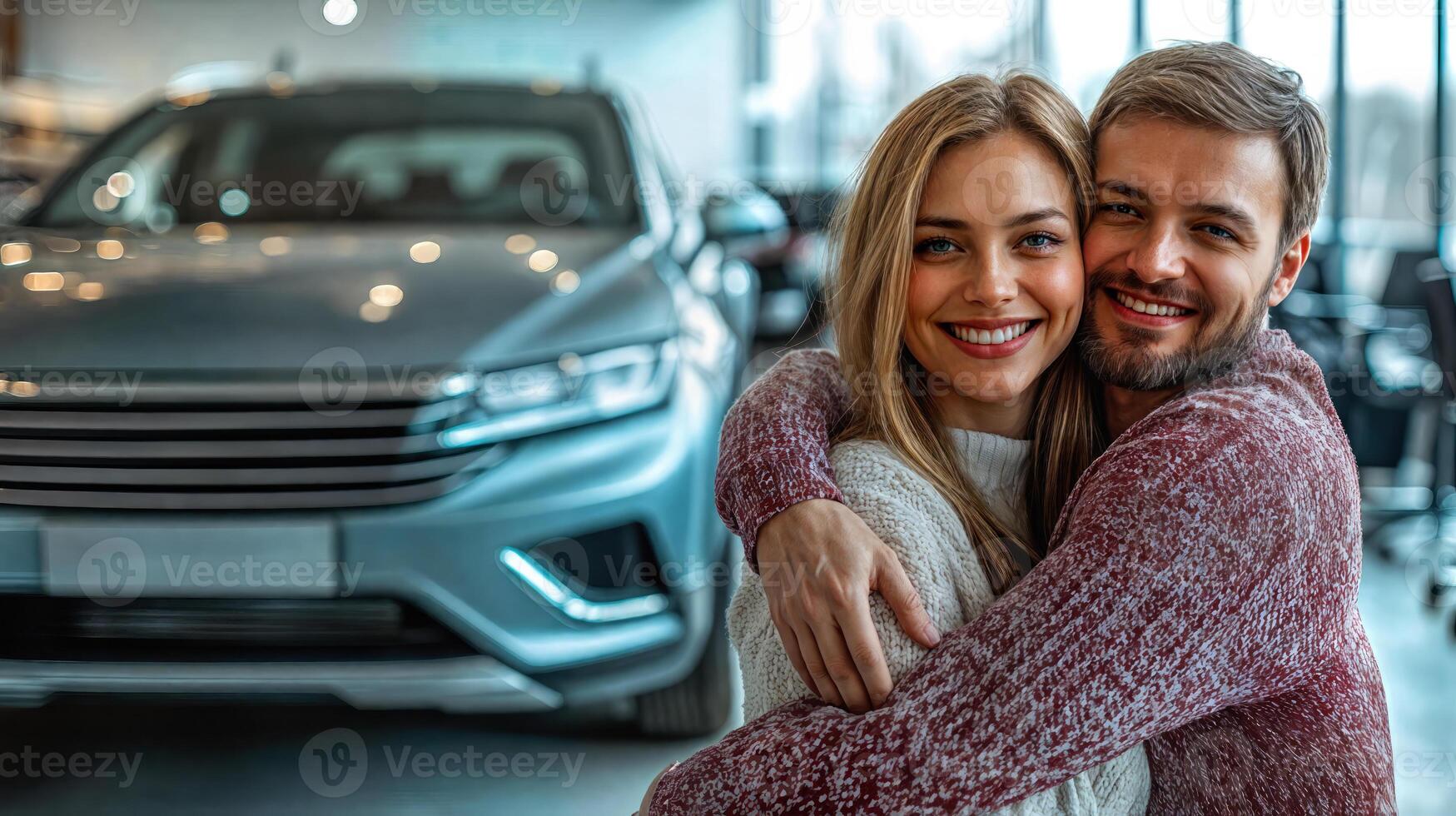 A couple hugging in front of a car photo