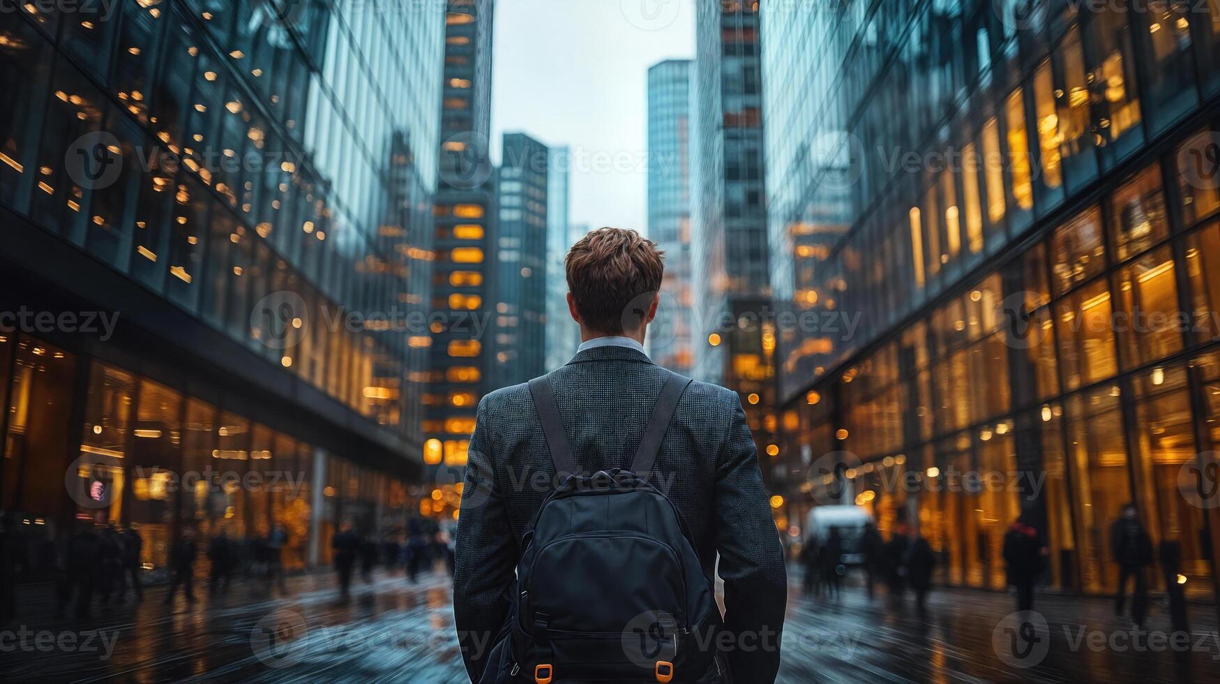 A man in a suit and backpack walking through a city at night photo
