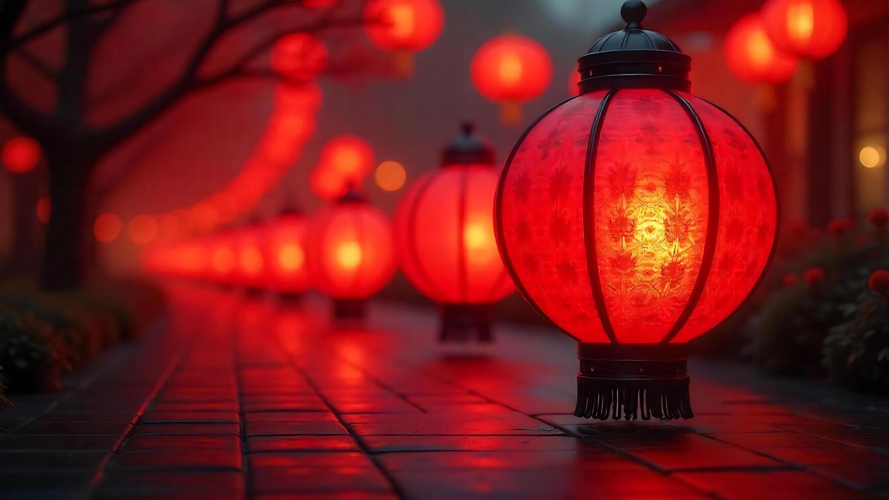 Red lanterns illuminating a pathway at night photo