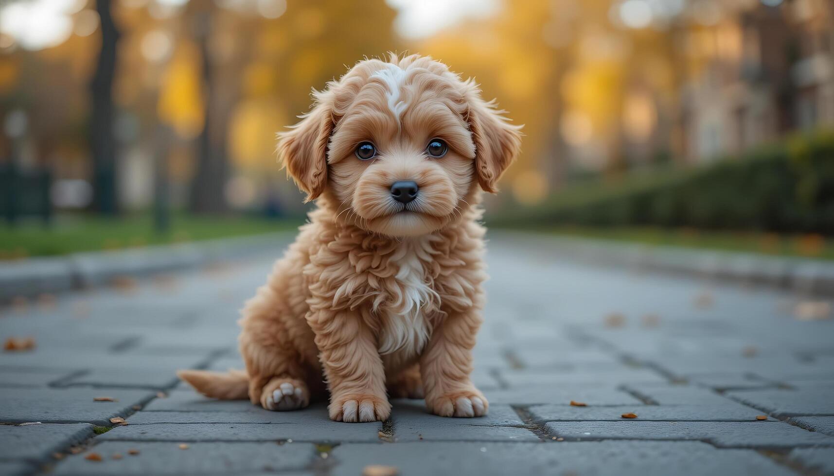 Puppy Sits on a Cobblestone Path in Autumn photo