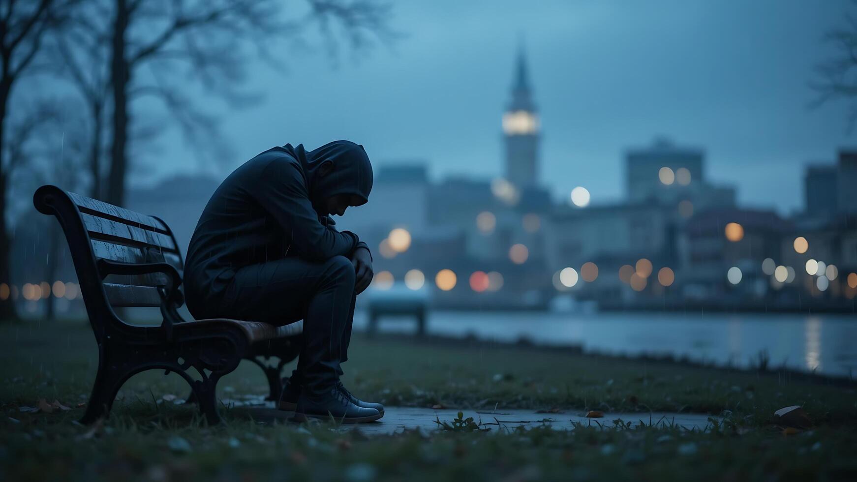Depressed man sits alone on a park bench at dusk photo