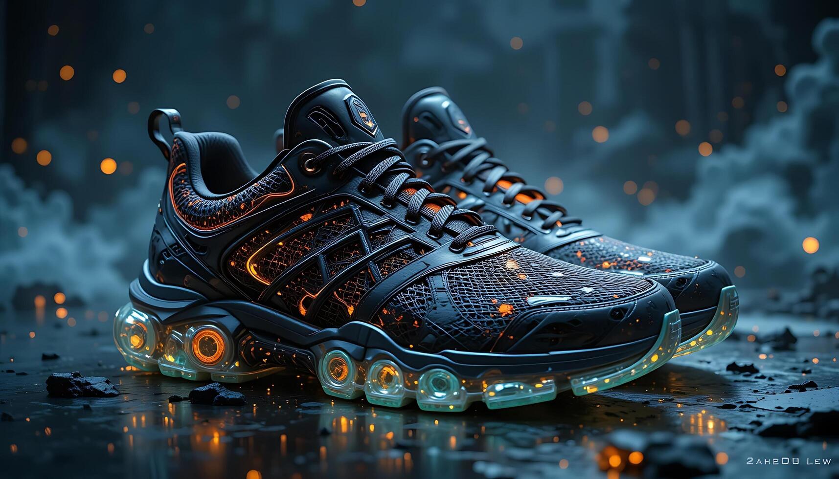 Futuristic Sneakers with Glow-in-the-Dark Design on a Dark, Industrial Setting photo