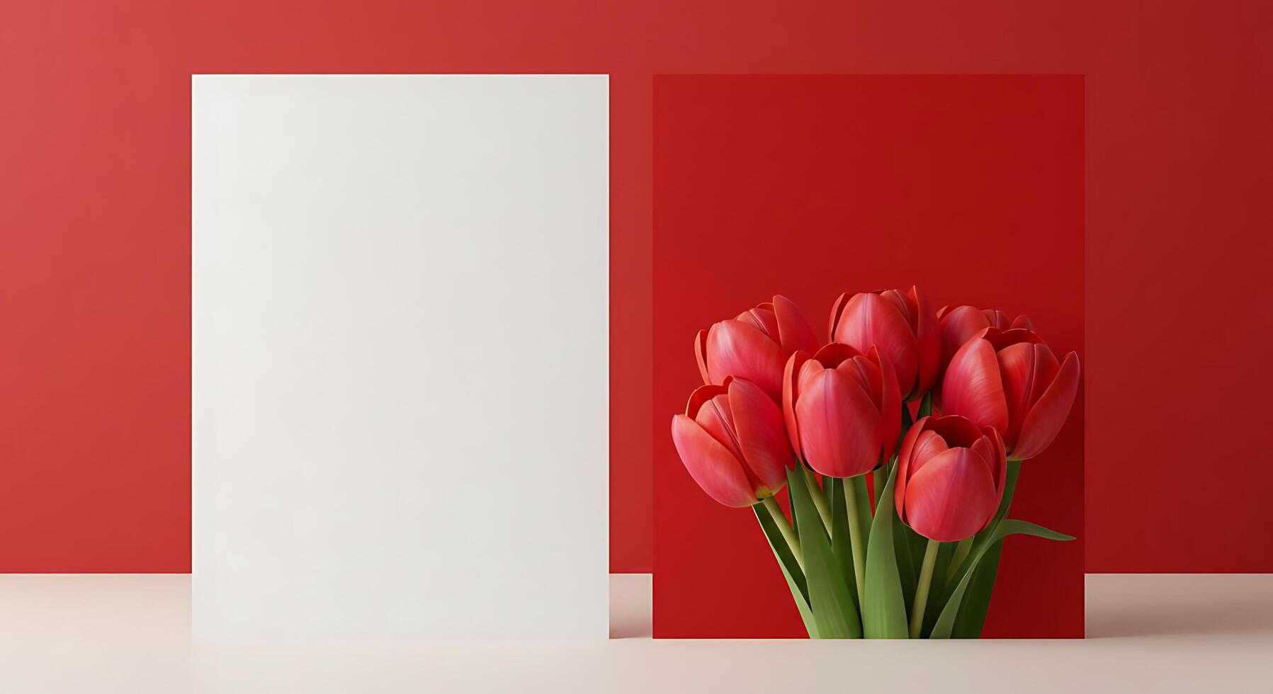 Red Tulips on a Red and White Background, Ready for Mockup photo