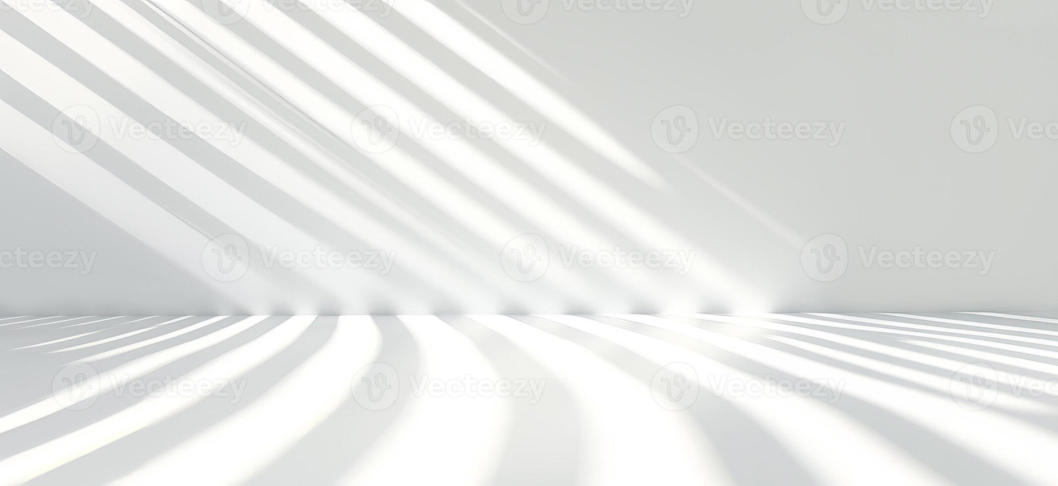 Abstract minimalistic interior with sunlight streaming through blinds, casting dynamic light and shadow patterns on smooth, white surface. Empty room with clean, emphasizing soft lines of photo