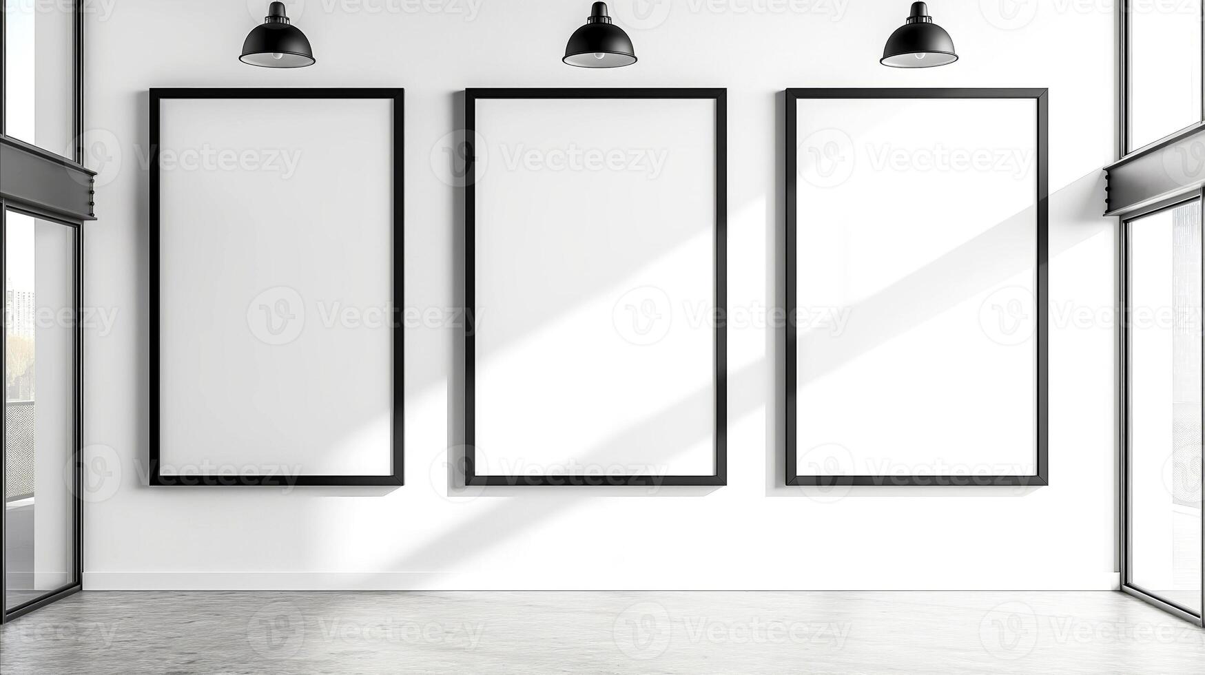 Modern minimalist interior design with three large vertical black picture frames on white wall, illuminated by three black industrial pendant lights. Showcasing artwork, posters photo