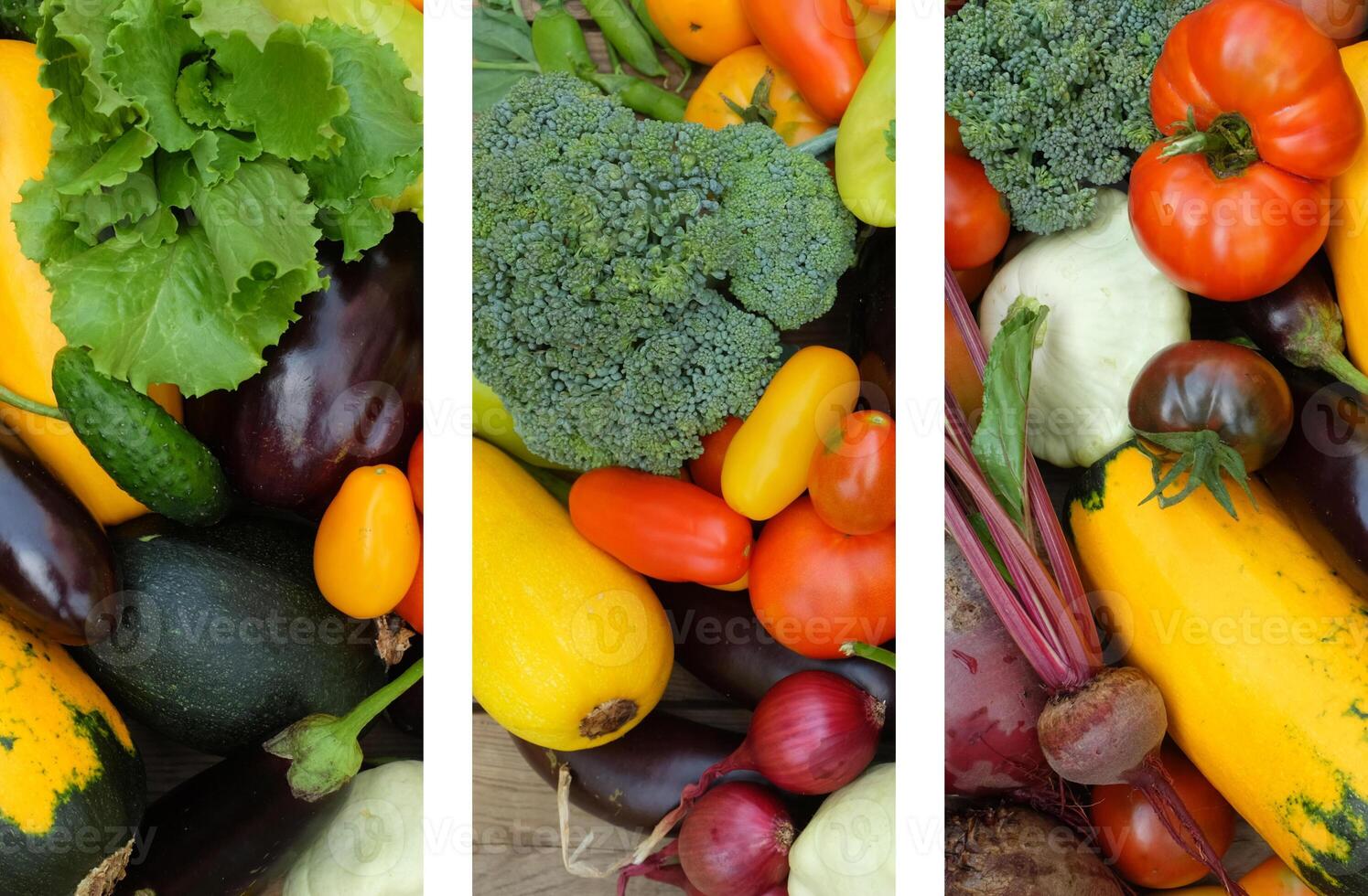 Collage of different colorful vegetables on a wooden background . Harvest and summer season concept photo