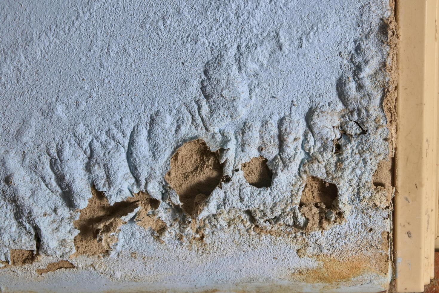 The walls are painted and the cement is peeling off in sheets. photo