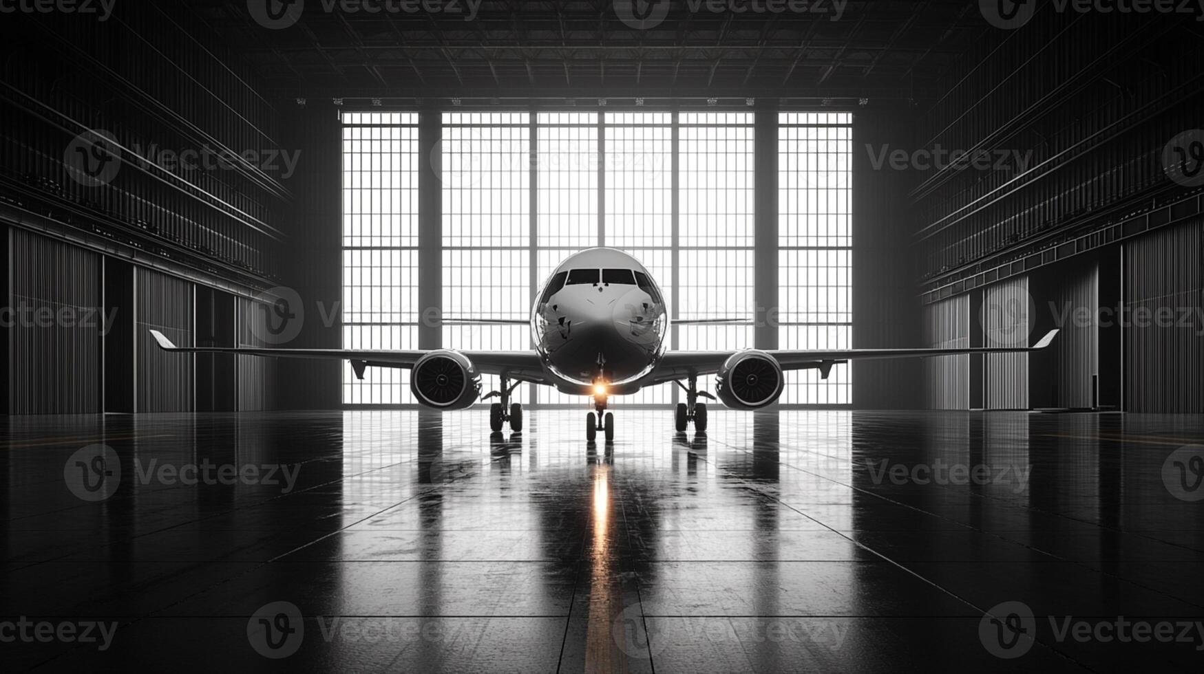 Black and White Hangar with Airplane and Large Old Windows Light and Shadows, banner photo