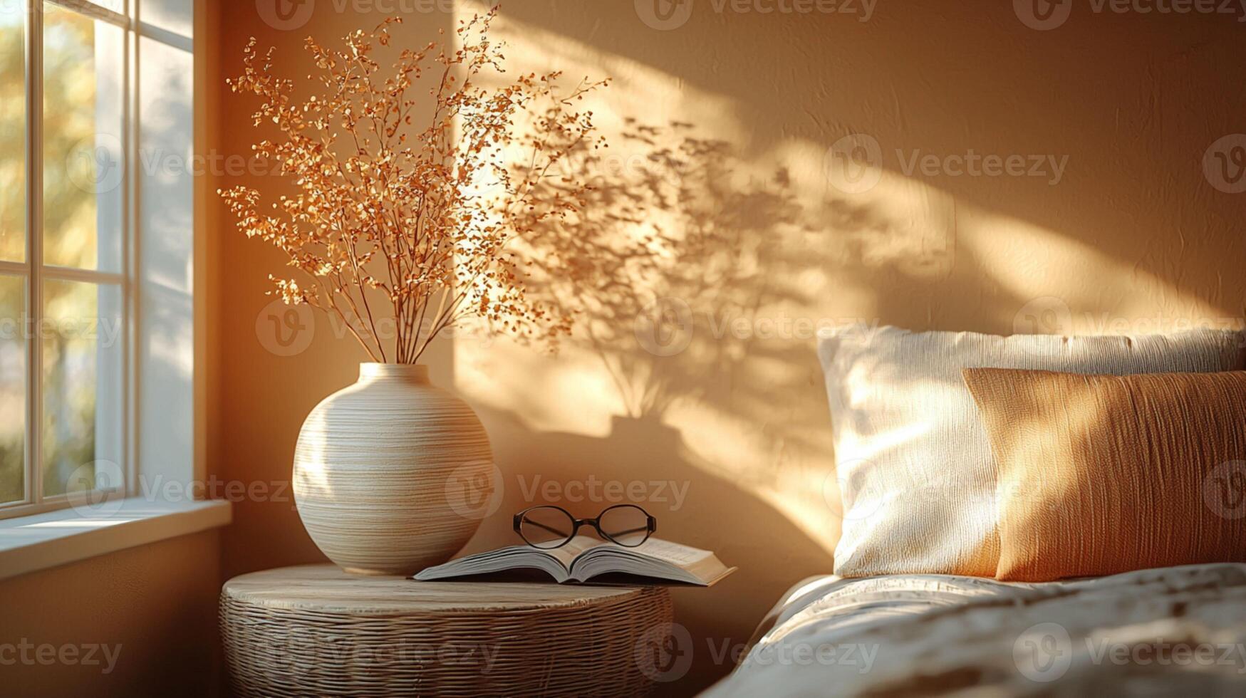 Cozy Bedroom Interior with Stylish Lamp, Open Book, and Glasses Perfect for Posters and Banners photo