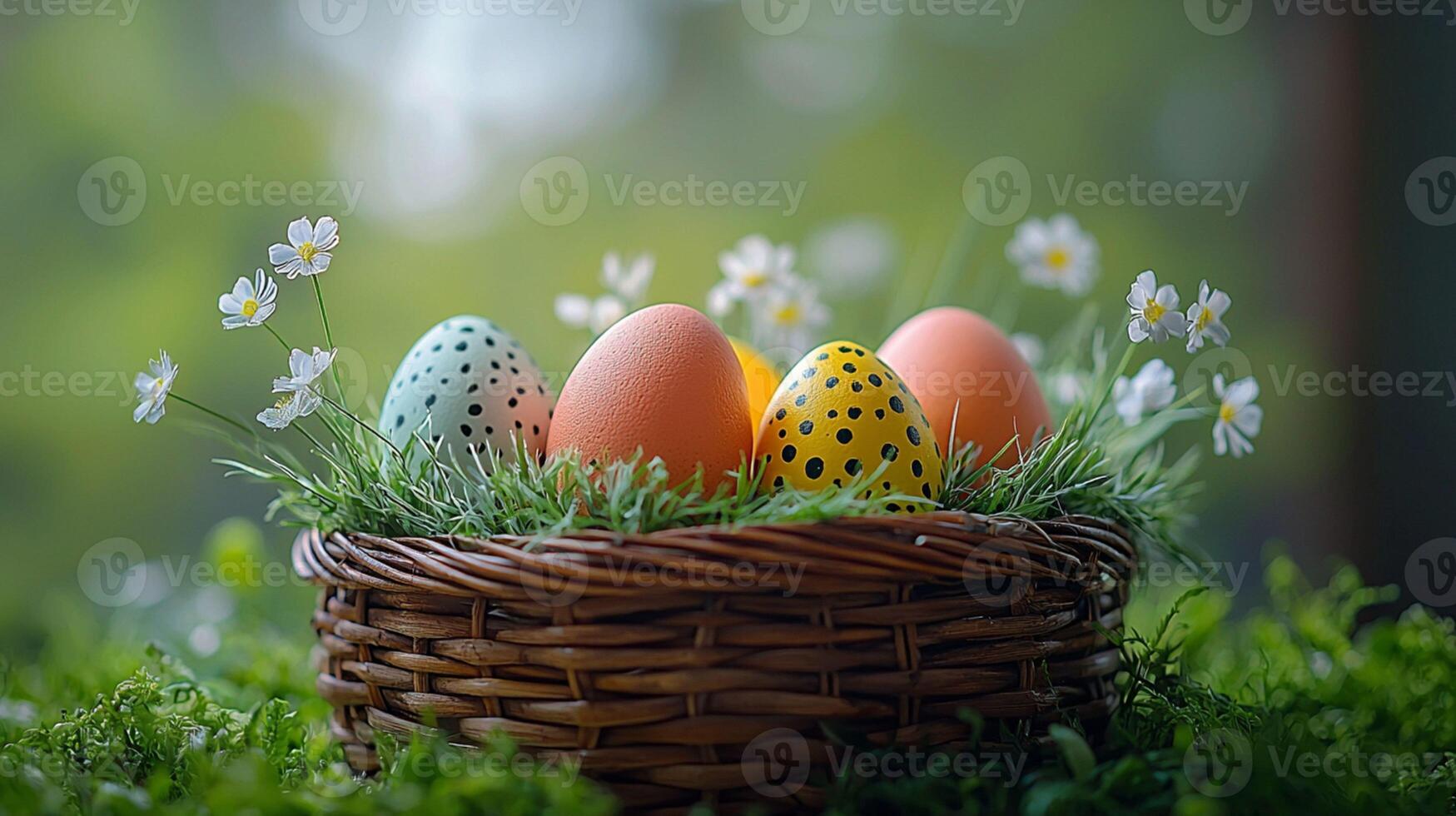 Easter Eggs in Nest with sping flowers on Green Grass Celebrating Spring Traditions, banner ,poster photo
