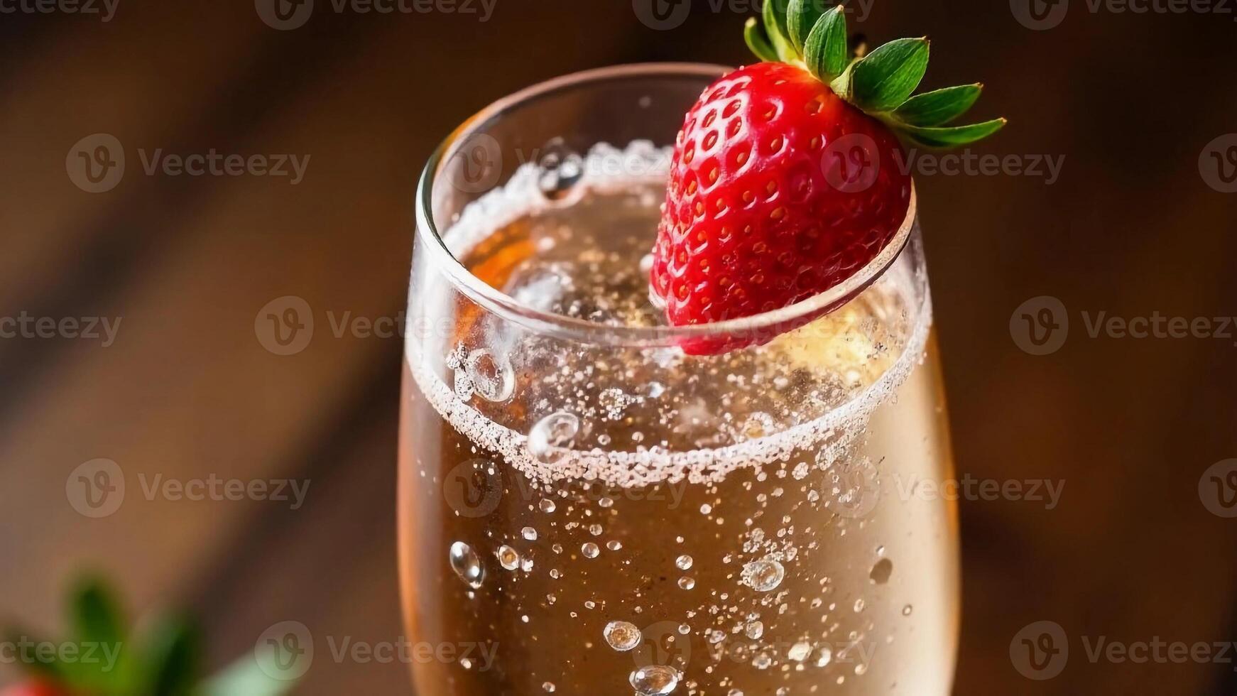 Glass with cold carbonated liquid, drink, champagne and strawberries. Close-up, front view. photo