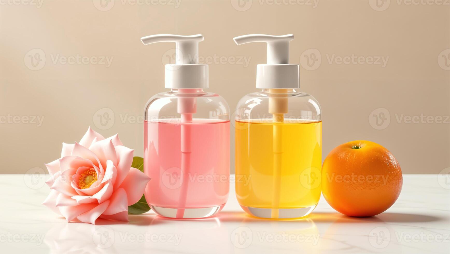 Two jars or containers or dispensers for liquid soap or cosmetics on a beige background, a rose and an orange lie nearby. Layout for advertising and presentation of a natural product photo