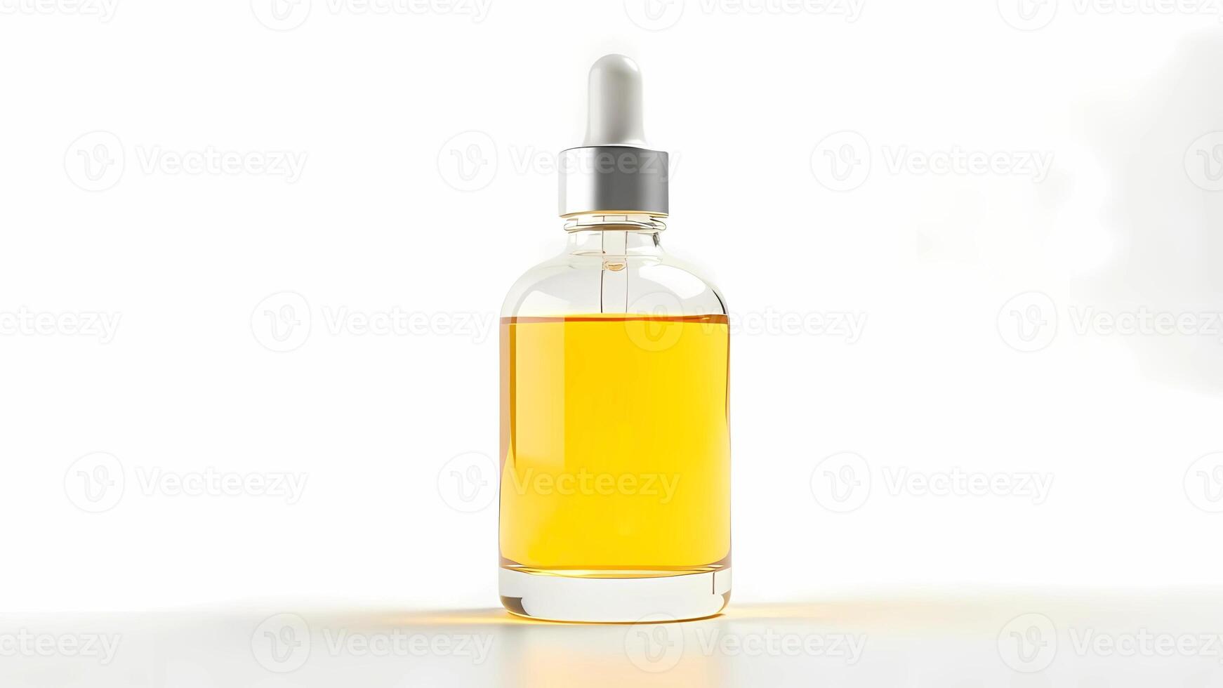 Glass transparent dropper bottle with yellow face serum without label. Mockup for cosmetic product on white background front view photo