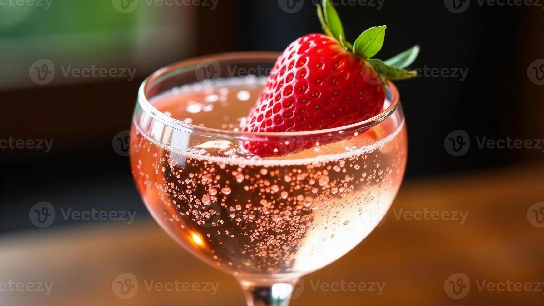 Glass with cold fizzy sparkling drink, champagne or liquid, and strawberries. Pink cocktail. Close-up, front view. photo