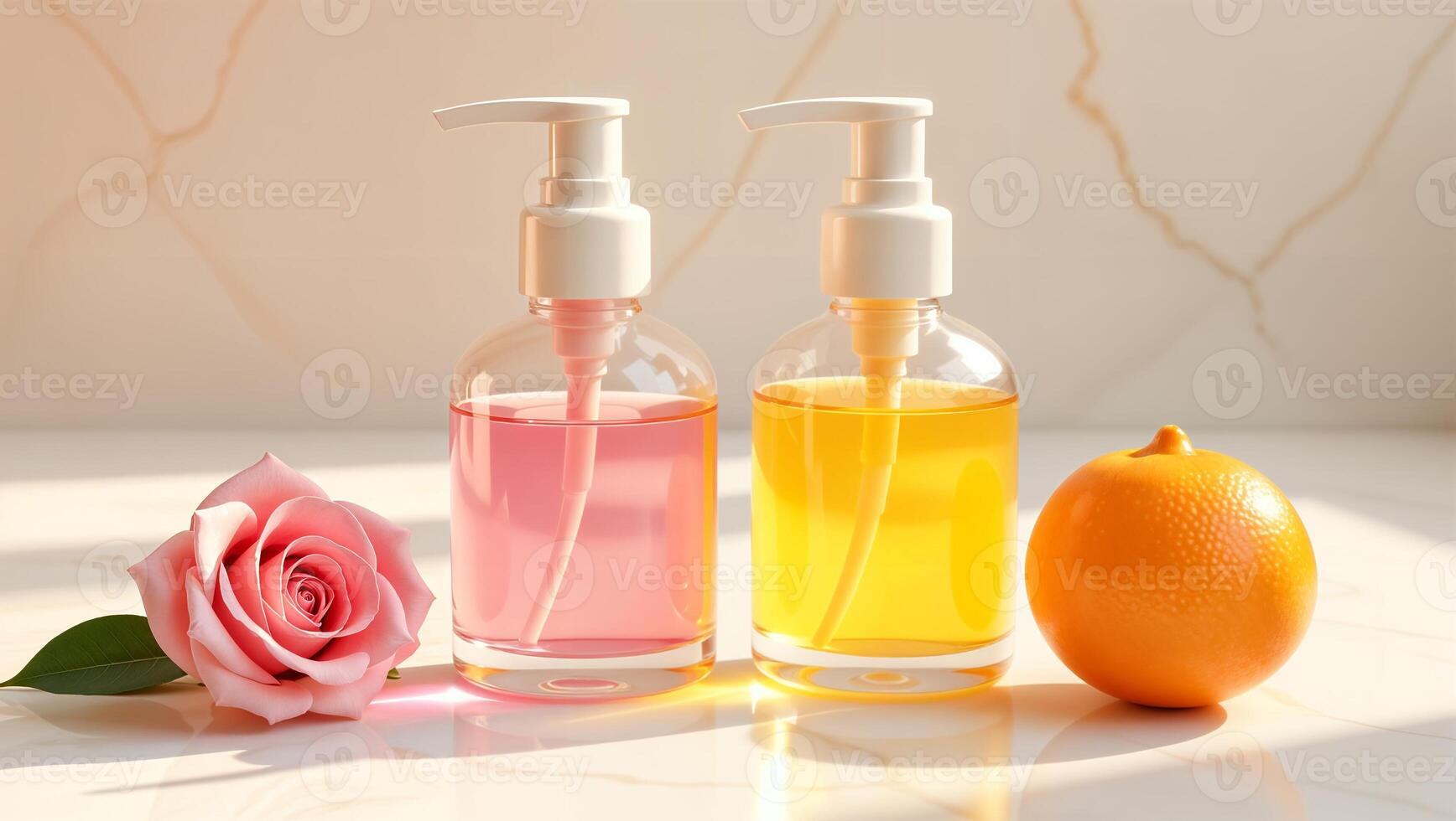 Dispensers or jars or containers with liquid soap or cosmetics on a marble background, next to them lies a rose and an orange or tangerine. Layout for advertising and presentation photo