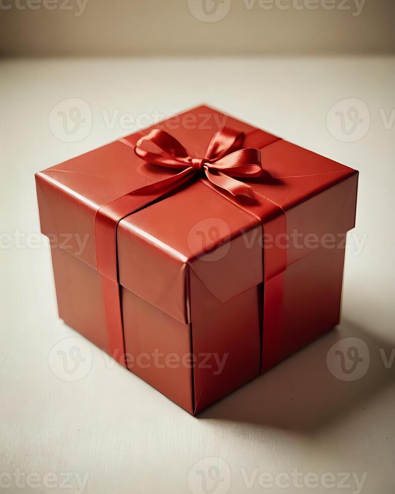 A red, paper gift box with fancy red ribbons photo
