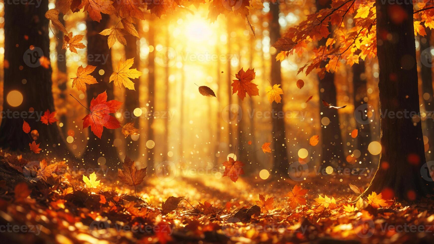 Golden Autumn Forest with Sunlight and Falling Leaves photo