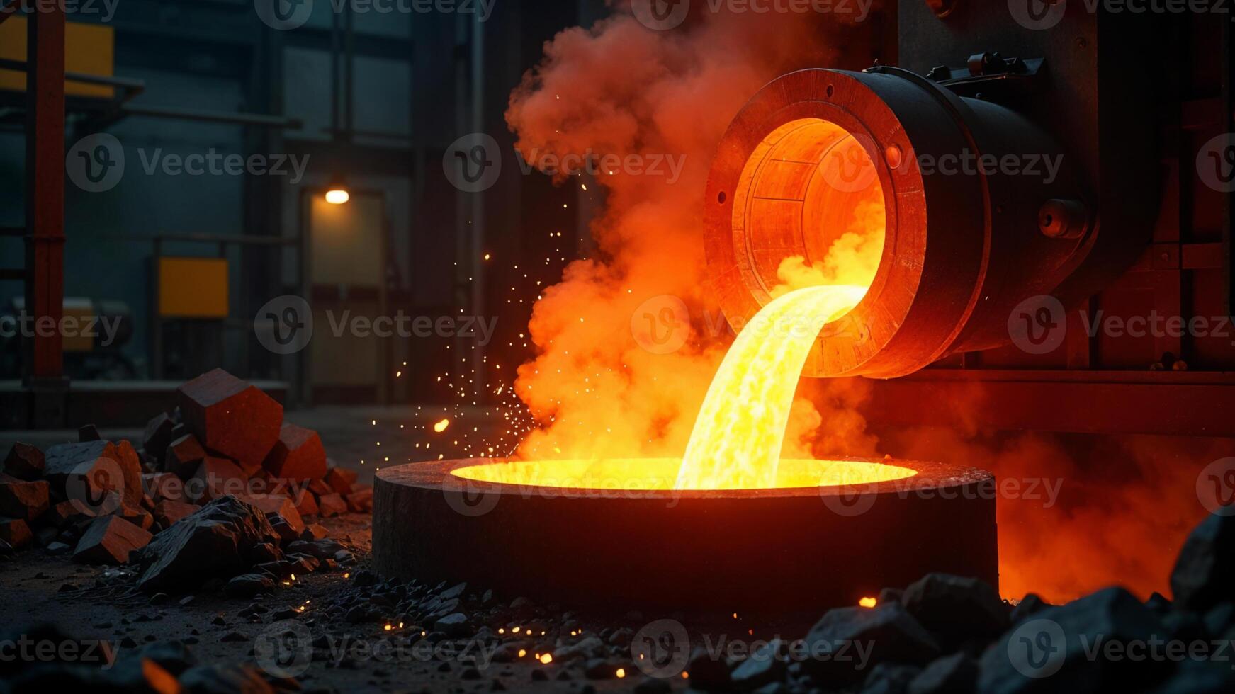 Molten Metal Pouring Industrial Foundry, Hot Steel, Fiery Furnace photo