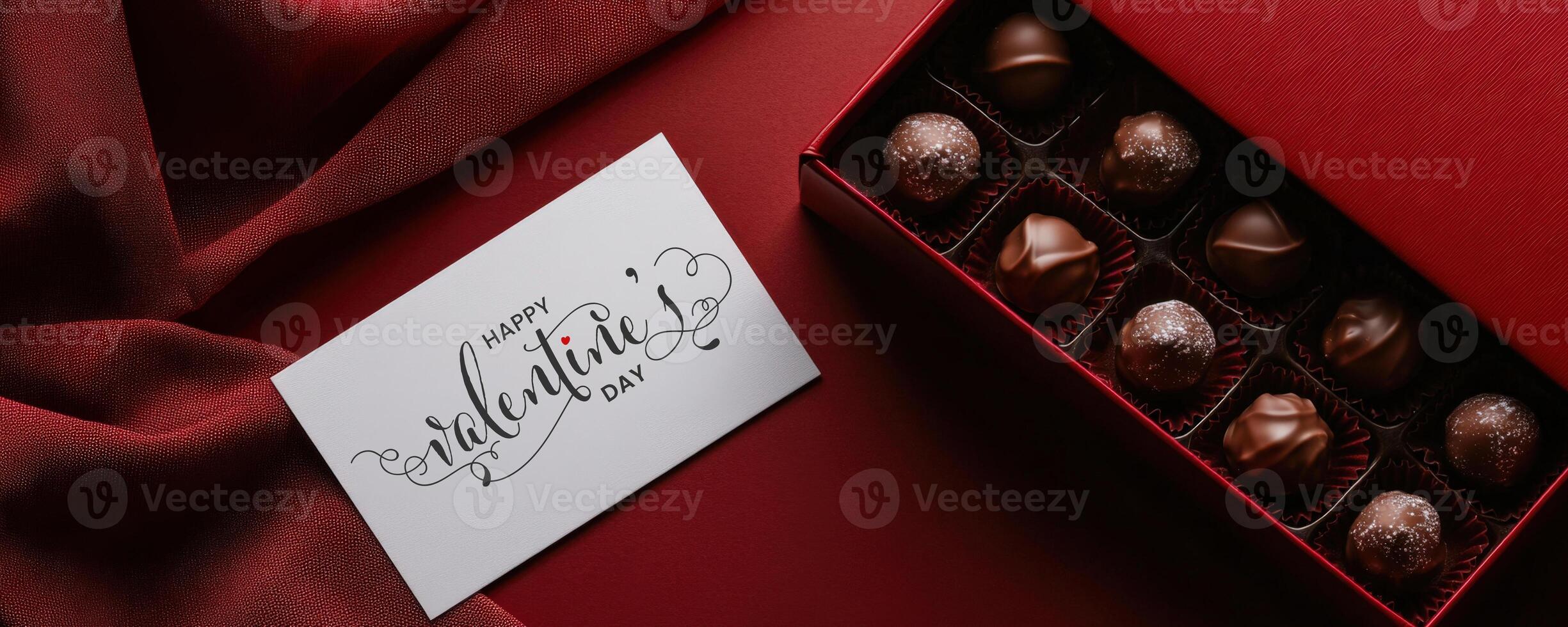Happy Valentine's Day Message Card with Chocolate Box on Red Fabric Background Top, Used for Banner. photo