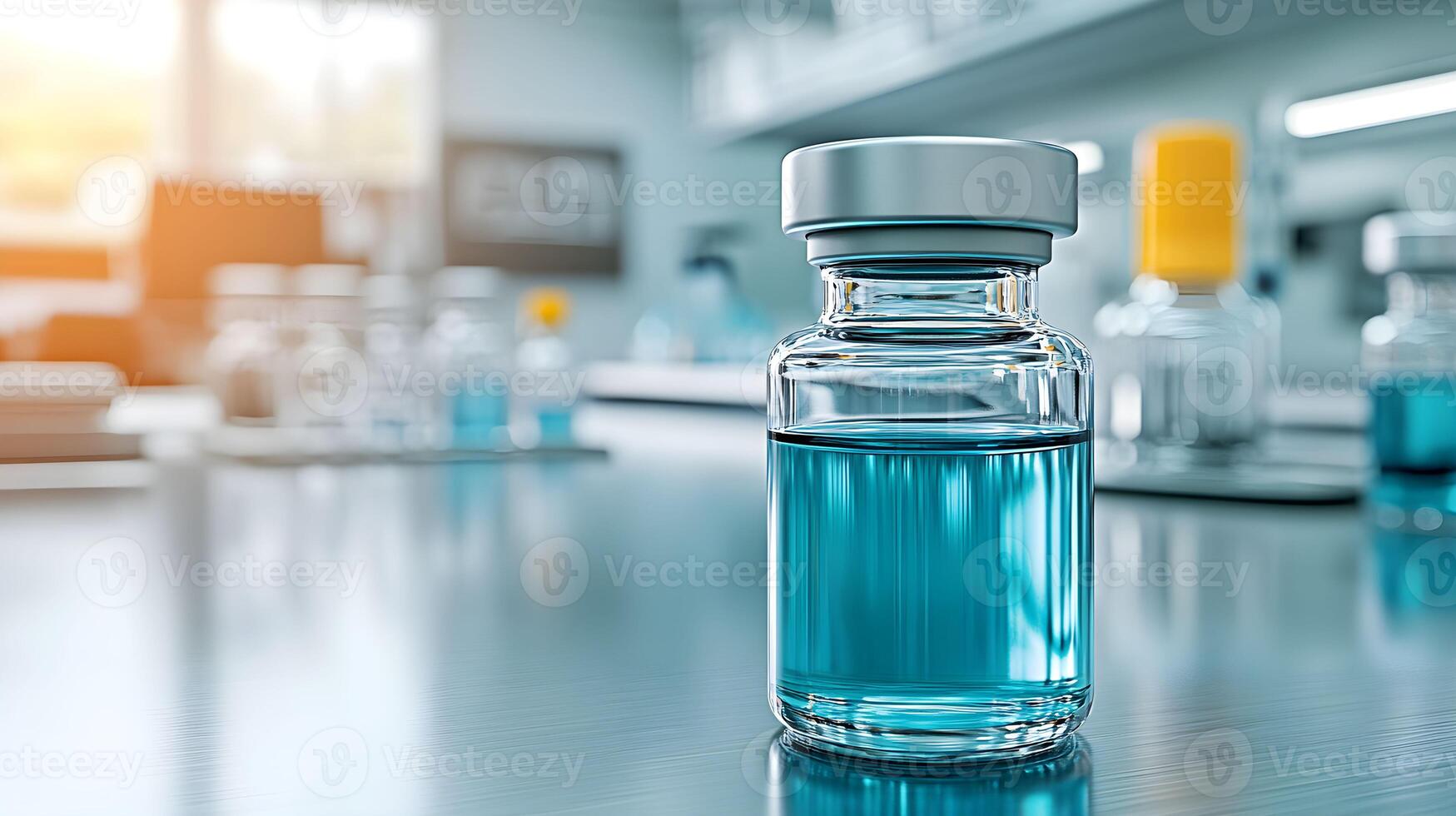 Glass vial containing blue liquid placed on a laboratory countertop during daylight with other laboratory equipment in the background photo