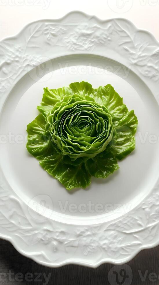 Creative presentation of lettuce arranged as a rose on an elegant white plate in a dining setting photo