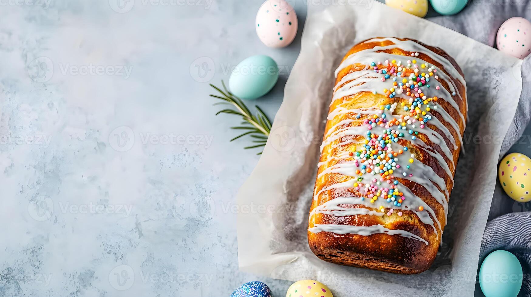 Colorful Easter bread with icing and sprinkles placed on a light background surrounded by pastel eggs and decorative elements photo