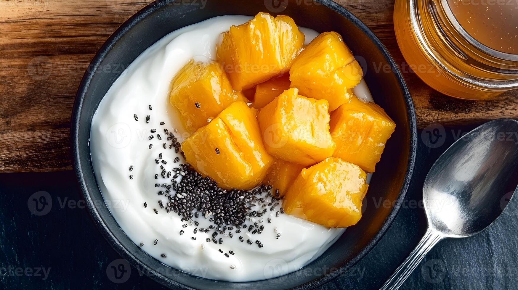 Enjoying a delicious bowl of yogurt topped with fresh mango, chia seeds, and honey on a wooden surface photo