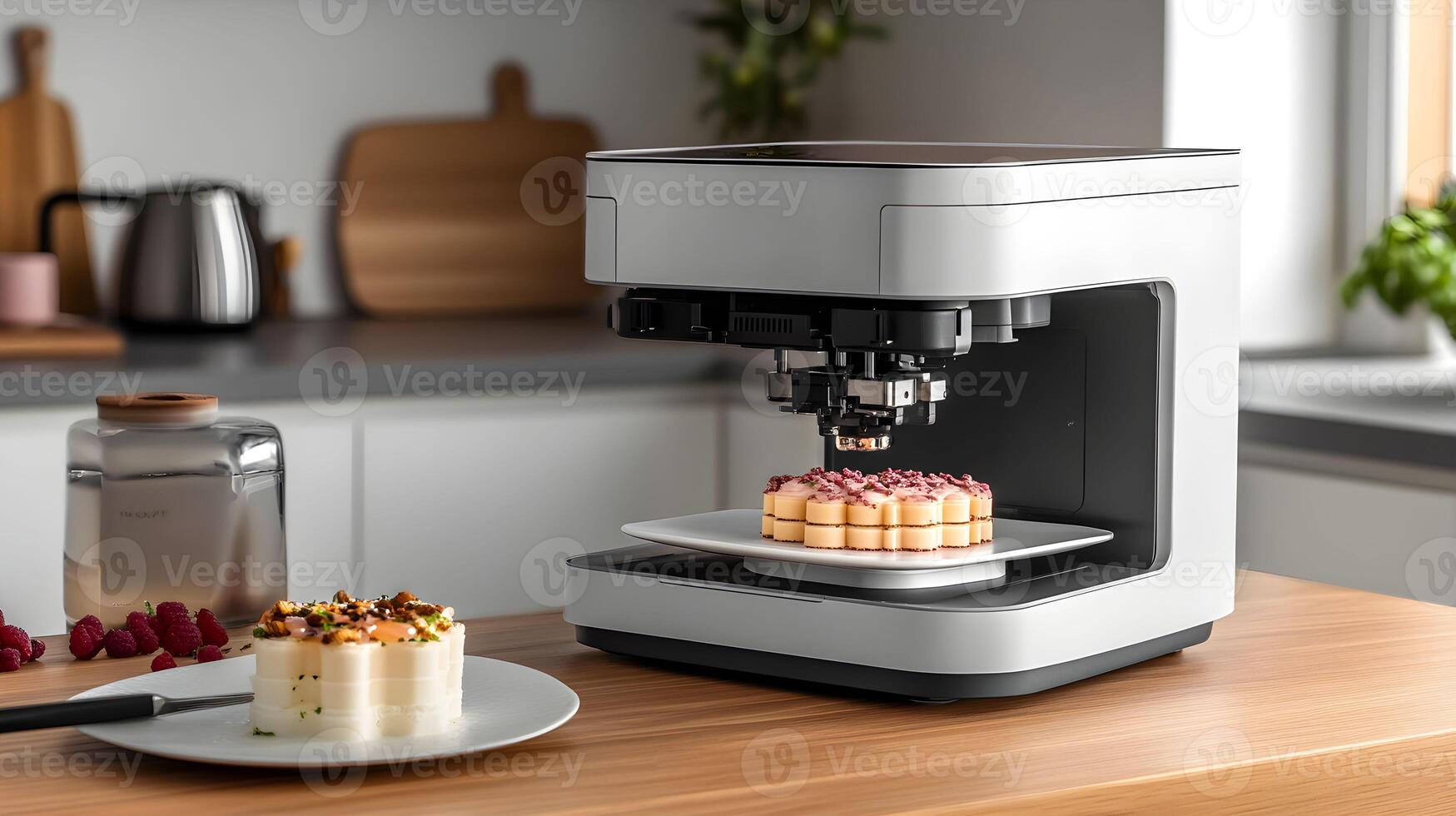 Innovative dessert preparation using a modern automated pastry machine in a stylish kitchen. Three dimensional food printing. photo