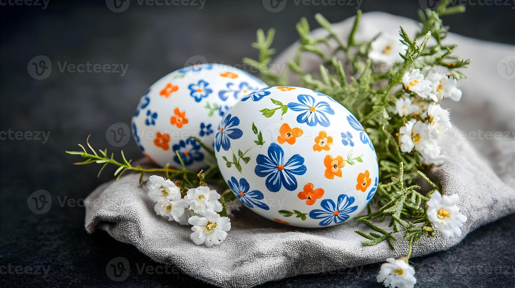 Colorful decorated Easter eggs resting on a textured cloth with fresh foliage and delicate flowers on a dark background photo