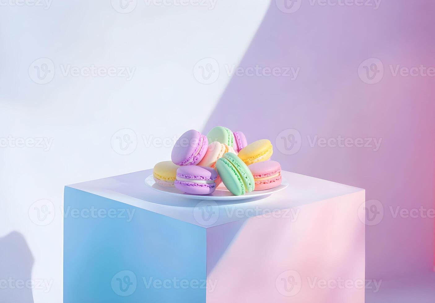 Colorful macarons arranged on a white plate on a pastel background with soft lighting during the day in a contemporary setting photo